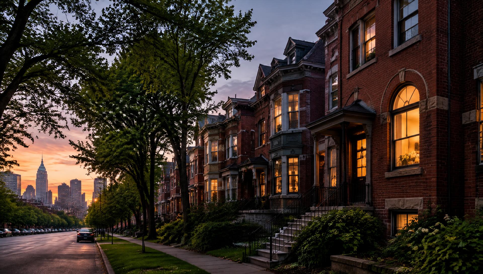 Brick apartment buildings on a Cleveland street at dusk